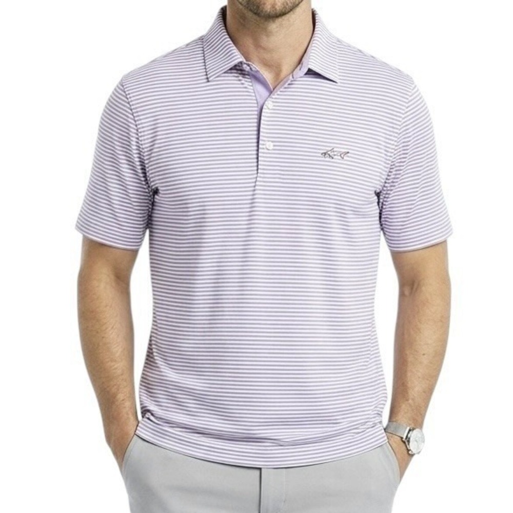 GREG NORMAN Golf Polo sz S Purple & White Stripe Play Dry Moisture Wicking